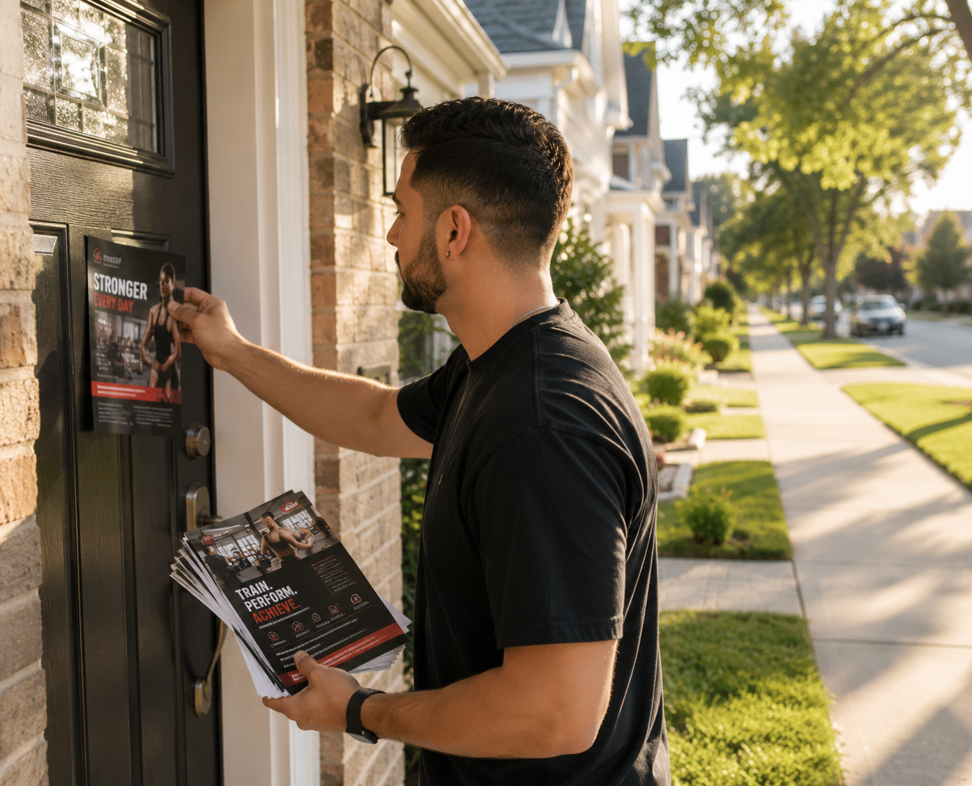 A flyerboard worker putting a Flyer on a Door