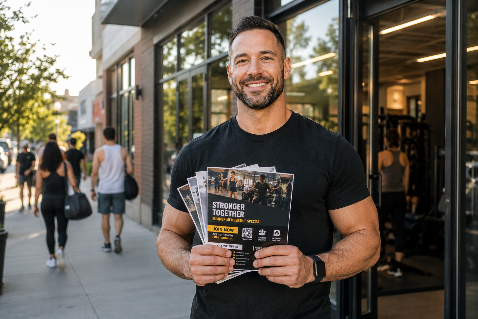 American gym owner standing outside their fitness center holding professionally designed promotional flyers.